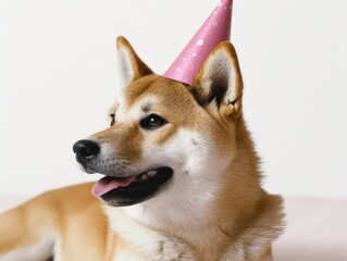 A dog wearing a pink party hat