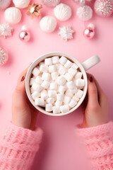 Cup with marshmallows on a pink background. Selective focus.