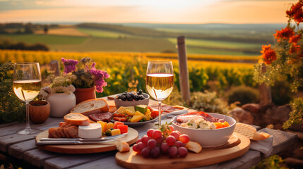 Wine cheese picnic at the vineyard. Selective focus. - obrazy, fototapety, plakaty