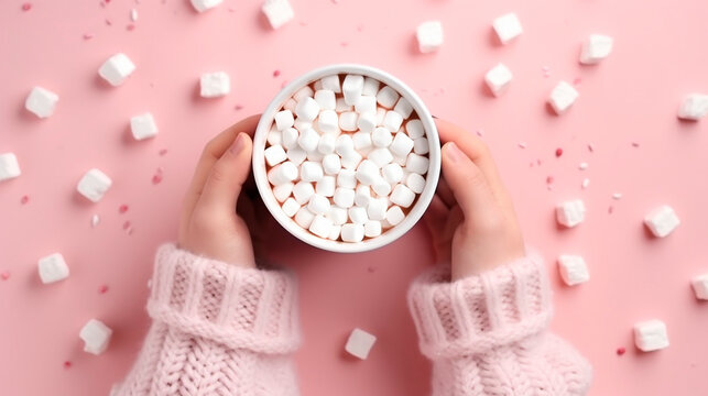 Cup with marshmallows on a pink background. Selective focus.