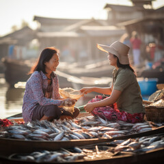 two asian women fish vendors talking. - obrazy, fototapety, plakaty