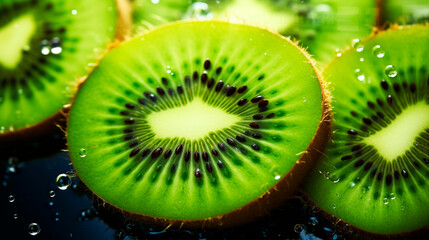 There are a lot of wet kiwi fruits. Selective focus.