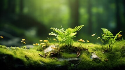 Beautiful green ferns and moss in the forest