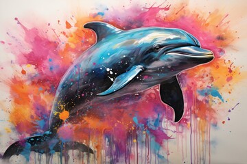  a painting of a dolphin with paint splatters on it's body and a splash of paint on its body.