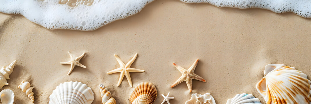 Top view of a sandy beach with exotic seashells and starfish as natural textured background for aesthetic summer design