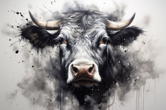  a painting of a bull's head with a lot of black and white paint splattered on it.