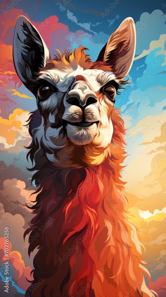 Poster a close up of a llama with clouds in the background