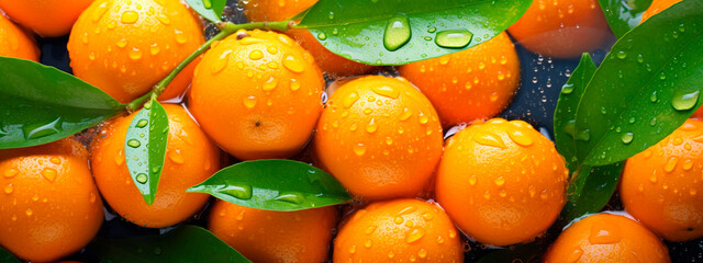 There are a lot of wet kumquat fruits. Selective focus. - obrazy, fototapety, plakaty
