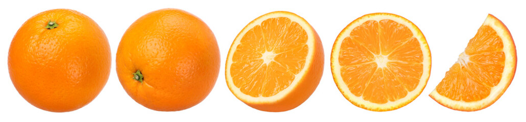 Orange fruit half and slices isolated, Orange fruit macro studio photo, transparent PNG, collection, PNG format, cut out