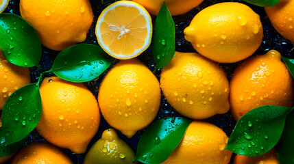 There are a lot of wet lemon fruits. Selective focus. - obrazy, fototapety, plakaty