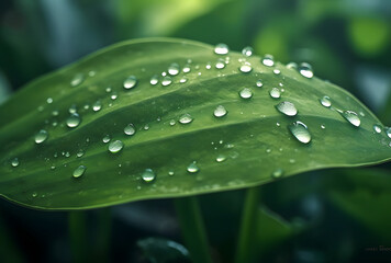 a large leaf with raindrops on a rainy day