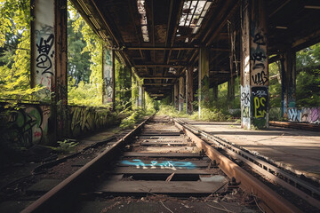 Fototapeta na wymiar Abandoned train station, decayed platforms, graffiti, overgrown vegetation, diffused lighting