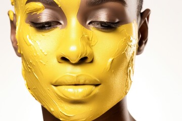  a woman with yellow paint on her face and a yellow mask on her face with yellow paint all over her face.