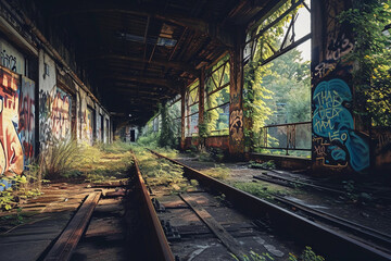 Fototapeta na wymiar Abandoned train station, decayed platforms, graffiti, overgrown vegetation, diffused lighting
