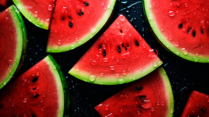 There are a lot of wet watermelon fruit pieces. Selective focus.