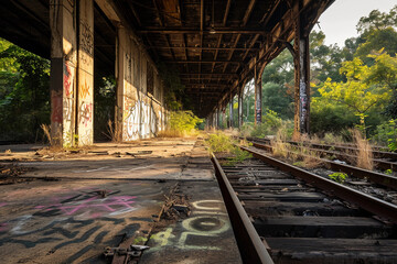 Abandoned train station, decayed platforms, graffiti, overgrown vegetation, diffused lighting
