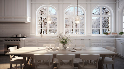 Fototapeta na wymiar White kitchen with large windows. Selective focus.