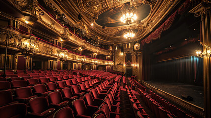 Grand theater interior, rich velvet seats, 1920s art deco design, lavish chandeliers, opulent gold accents