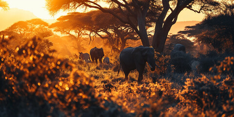 Naklejka premium African savanna, elephants and zebras, warm golden hour lighting