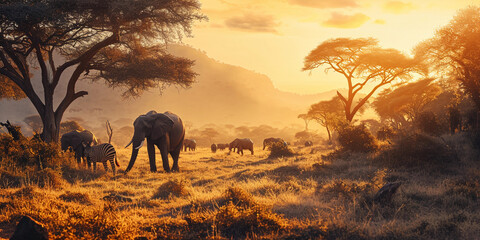 African savanna, elephants and zebras, warm golden hour lighting