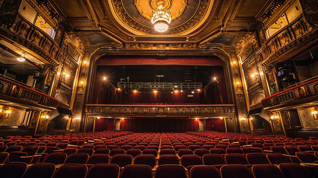 Grand theater interior, rich velvet seats, 1920s art deco design, lavish chandeliers, opulent gold accents