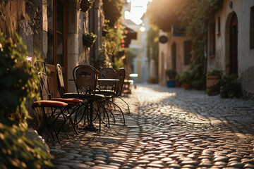 old European street, cobblestone, café chairs - obrazy, fototapety, plakaty