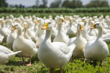  a large group of white ducks standing in a grassy field next to a field of green grass with trees in the background.