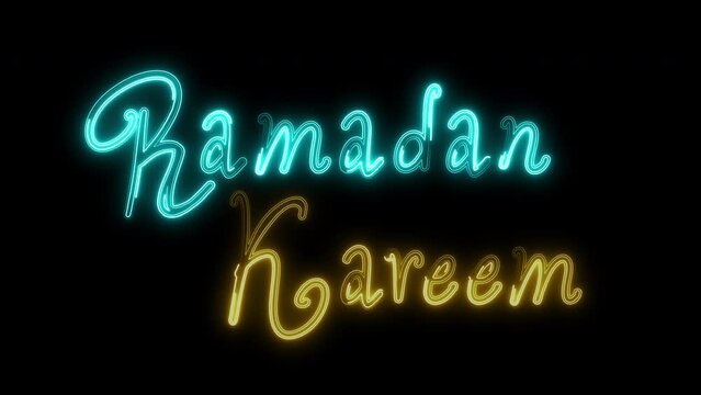 Neon Glowing Ramadan Kareem Greeting Card Design Isolated on Black Background. Neon glowing Ramdan Kareem text gif design with crescent and star design elements.