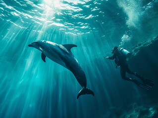 scuba diver approaching a curious dolphin, turquoise water, light reflecting off the dolphin's skin