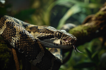reptile house, featuring a snake coiled around a branch, detailed skin texture, spectator's gasps visible, low, greenish lighting