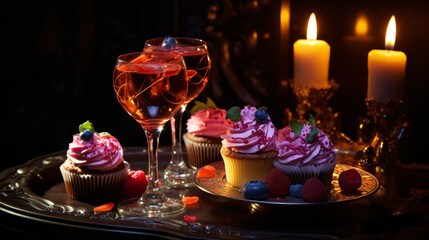 Obraz na płótnie Canvas Tasty cupcakes glasses of drink on table