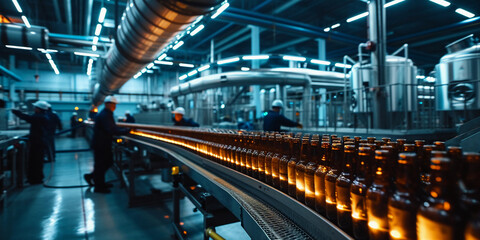 Fototapeta na wymiar Large commercial brewery, conveyor belt of beer bottles, workers in uniforms, cold and sterile atmosphere