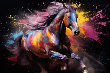  a painting of a running horse with colorful paint splatches on it's body and tail, with a black background.