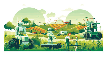 robots and nature in a vector scene featuring AI-driven agricultural robots.