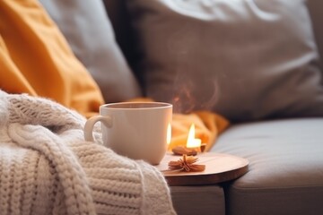 Fototapeta na wymiar a cup of coffee sits on a table next to a blanket and a lit candle on a table next to a couch.