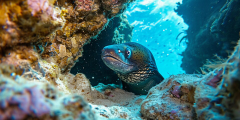 Fototapeta premium scuba diver capturing a photo of a moray eel peeking out from a rock crevice, azure blue water