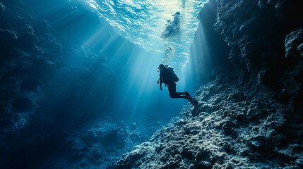scuba diver at the edge of a drop-off, endless deep blue abyss, feeling of awe and solitude - obrazy, fototapety, plakaty