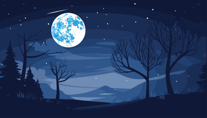 vector art piece capturing the moonlit night sky. Illustrate the moon's gentle glow casting ethereal light on landscapes