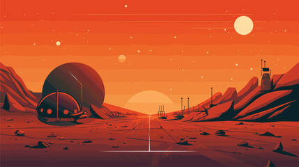 future of space exploration through a vector scene envisioning the obstacles of colonizing Mars. 