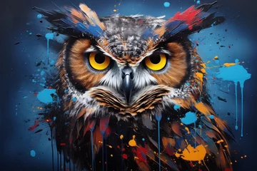 Fotobehang  a painting of an owl with yellow eyes and feathers on it's head with paint splatters all over it. © Shanti