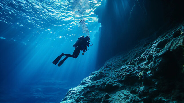 scuba diver at the edge of a drop-off, endless deep blue abyss, feeling of awe and solitude
