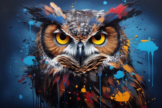  a painting of an owl with yellow eyes and feathers on it's head with paint splatters all over it.