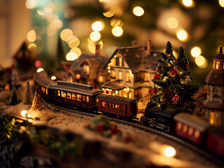 Toy train, miniature setup, tiny village, Christmas tree, holiday decorations, lit from above with warm light