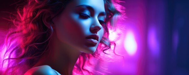 Long-haired beauty adorned in neon makeup, a captivating blend of bold colors and stunning elegance