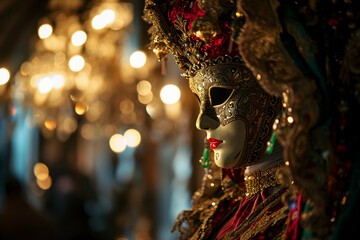 Venetian masquerade ball, glowing chandeliers, colorful masks