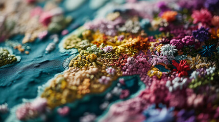 Obraz premium embroidery, world map, each country filled with its native flower