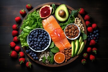  a plate of fish, fruits, nuts, avocado, blueberries, strawberries, kiwis and other foods.