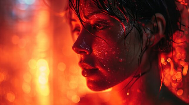 biohacker using an infrared sauna, focus on the ambient red glow and sweat on the skin