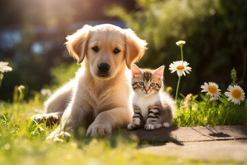 Cute little kitten cat and cute puppy dog lying on the grass together