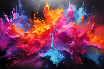  an abstract painting of multicolored paint splattered on a black background with a white spot in the middle of the image.